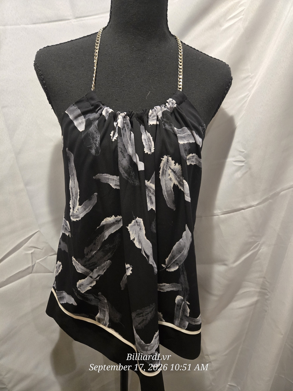 Express Black Feather-Print Halter Top with Gold Chain Straps
